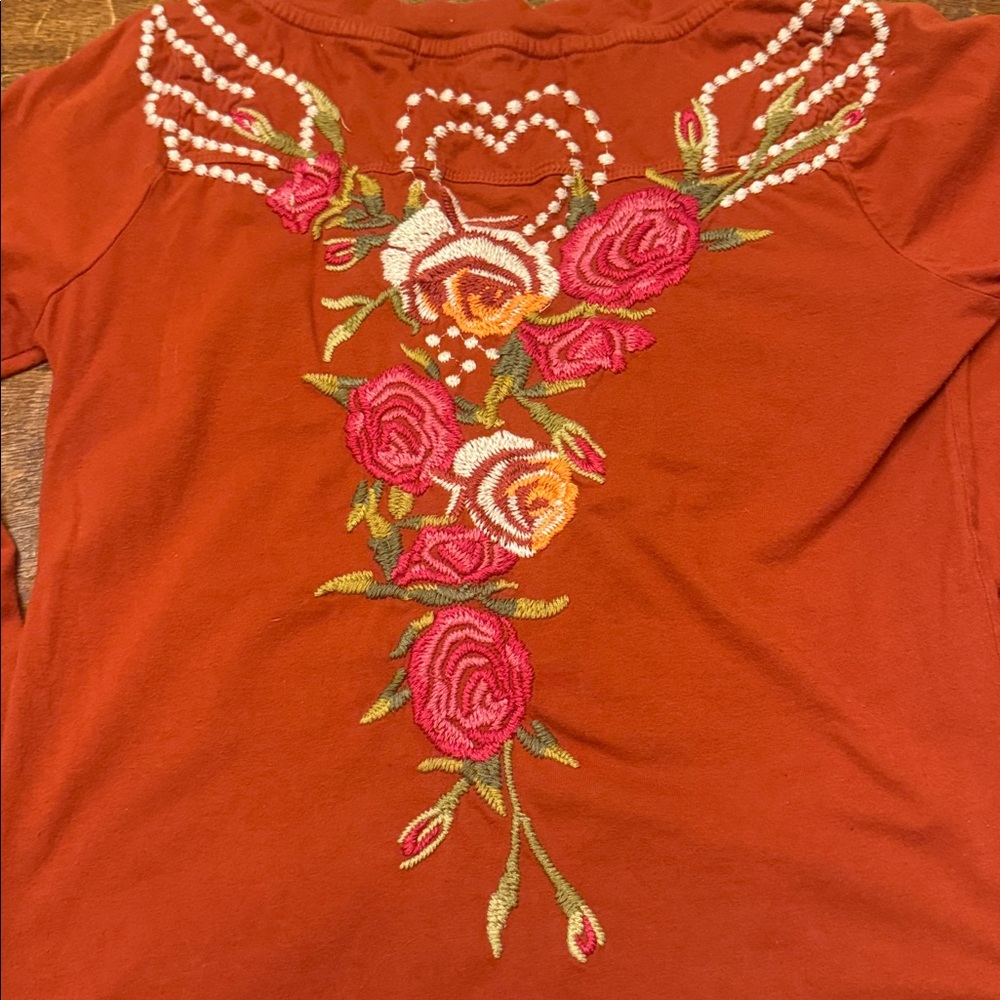 JWLA, Johnny Was, Orange Embroidered V-Neck Long Sleeve Top, Size Small - Picture 8 of 8